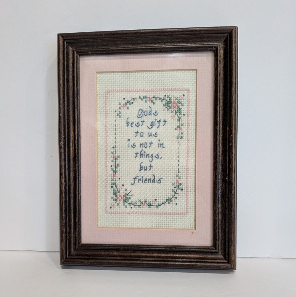 Vintage Framed Cross Stitch Gods Best Gift Is Friends Floral Matted Cottagecore